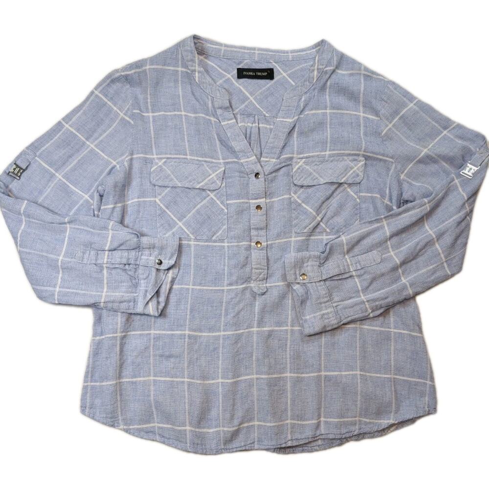 Ivanka Trump Striped Popover Blouse Womens Blue White Roll Tab Sleeve (M)*